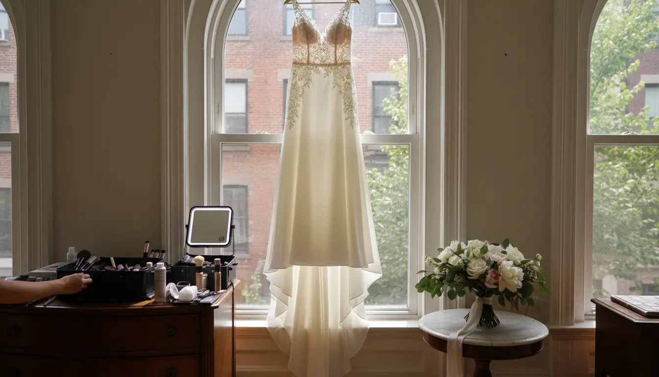 bridal photography Brooklyn getting-ready gown hanging in brownstone suite with bouquet visible