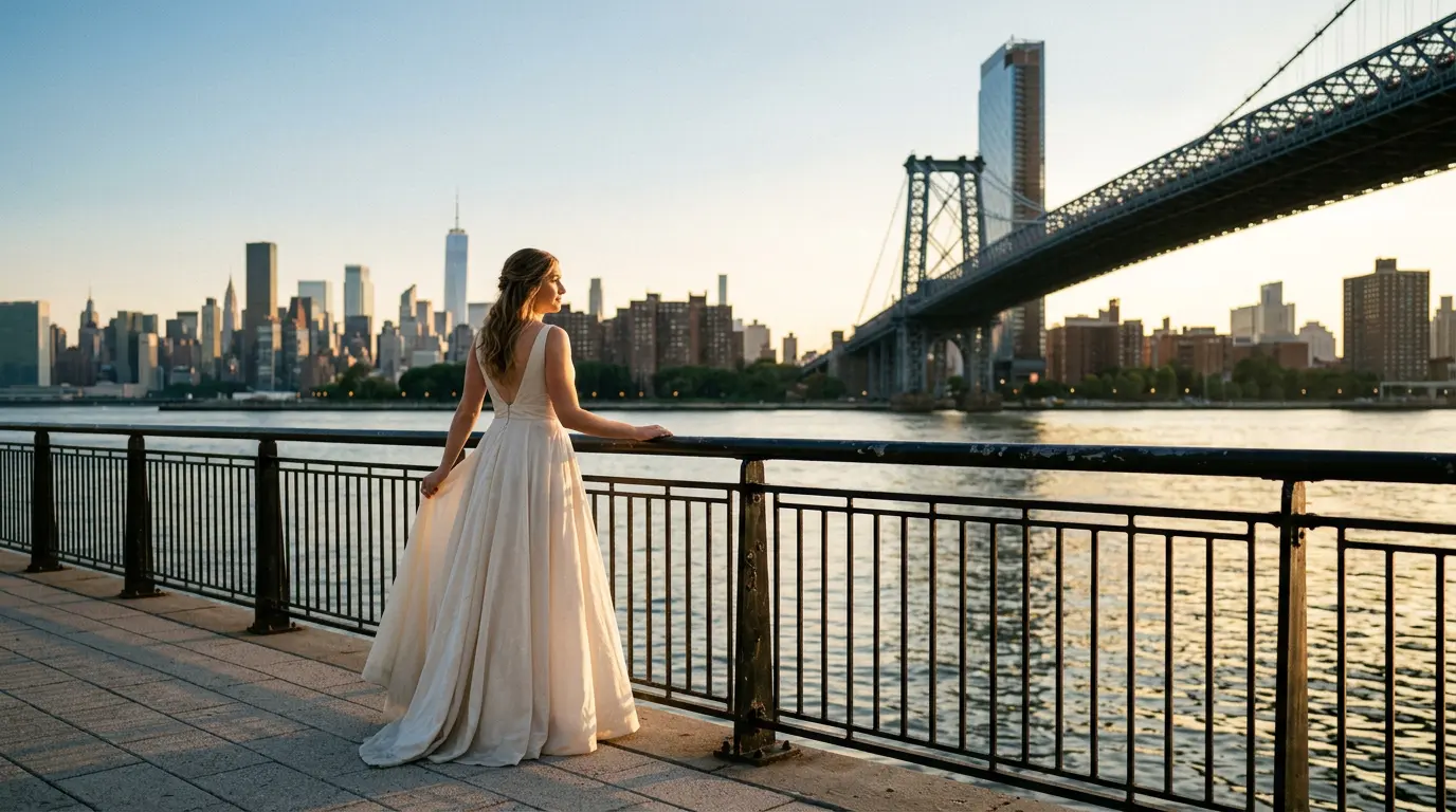 Bride in ivory gown standing on Domino Park promenade in Williamsburg Brooklyn with East River and Manhattan skyline at golden hour