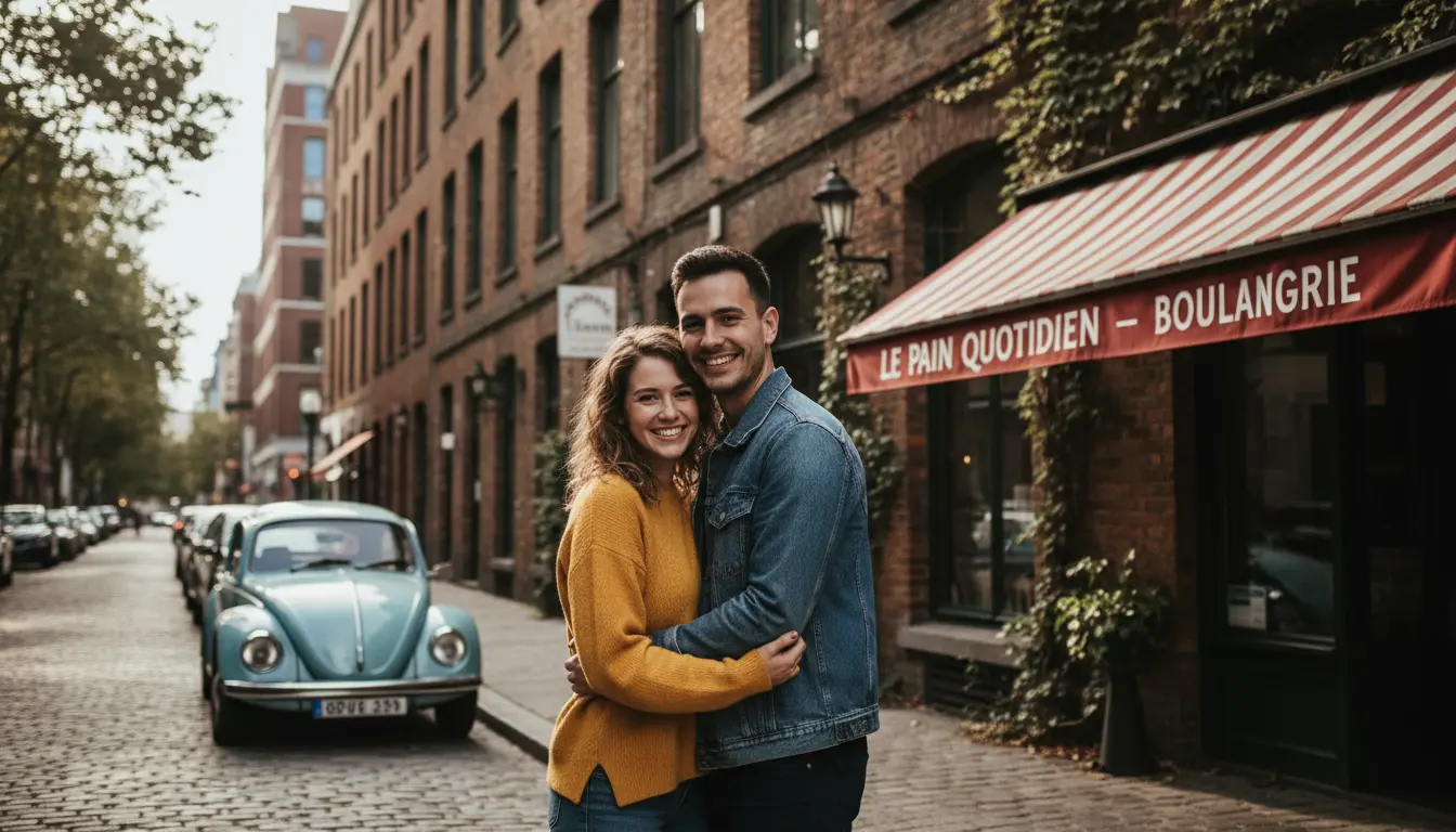 Wedding Photography Kensington — bridal portrait on a Kensington brick façade with parked car and bakery in background