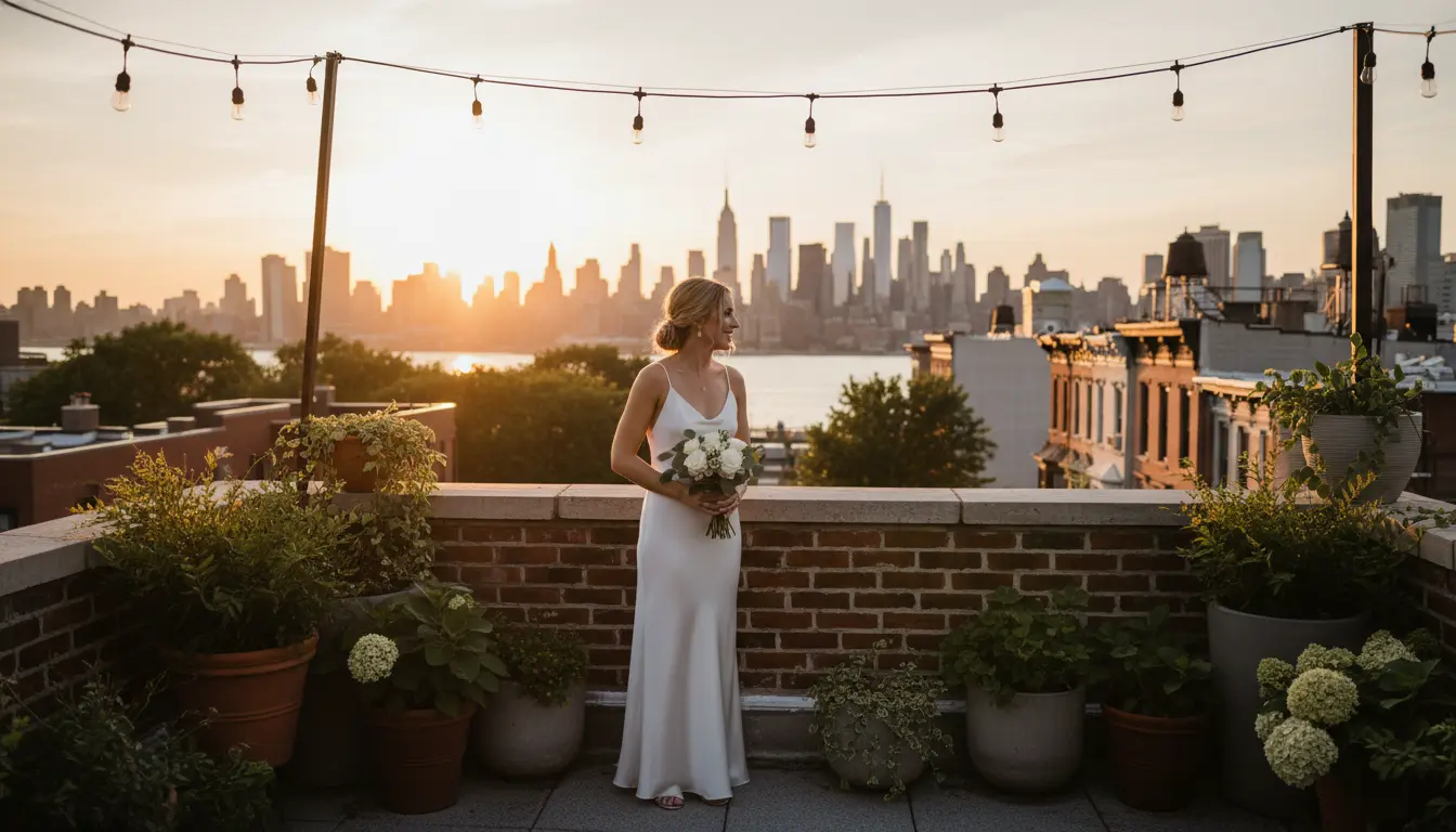 Bridal portrait session in Williamsburg Brooklyn with skyline backdrop