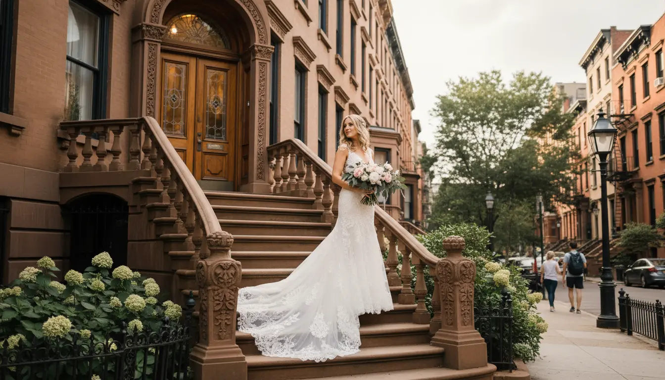 Bridal photography Brooklyn photographer guiding a bride on a brownstone stoop in Park Slope for a portrait session