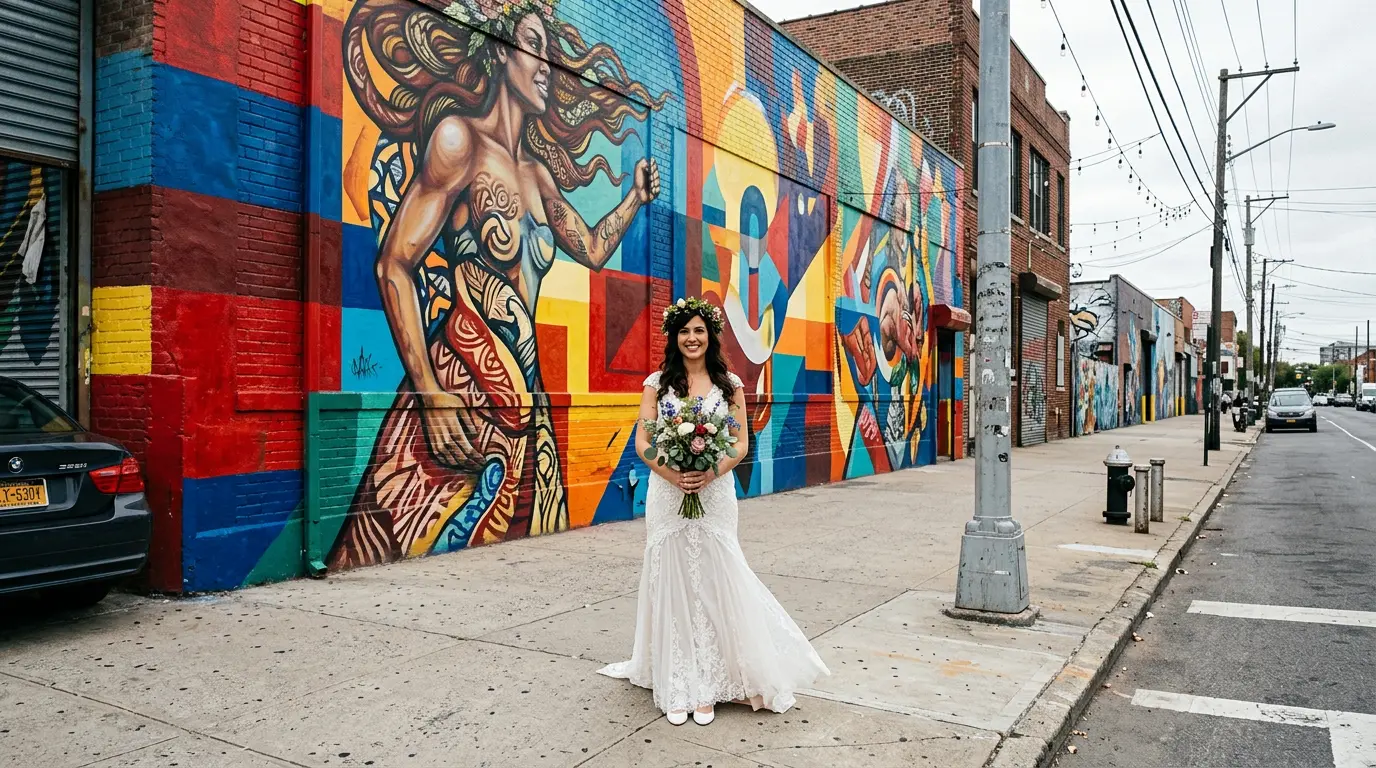 Bridal portrait in front of Bushwick Collective street art mural in Brooklyn outdoor session