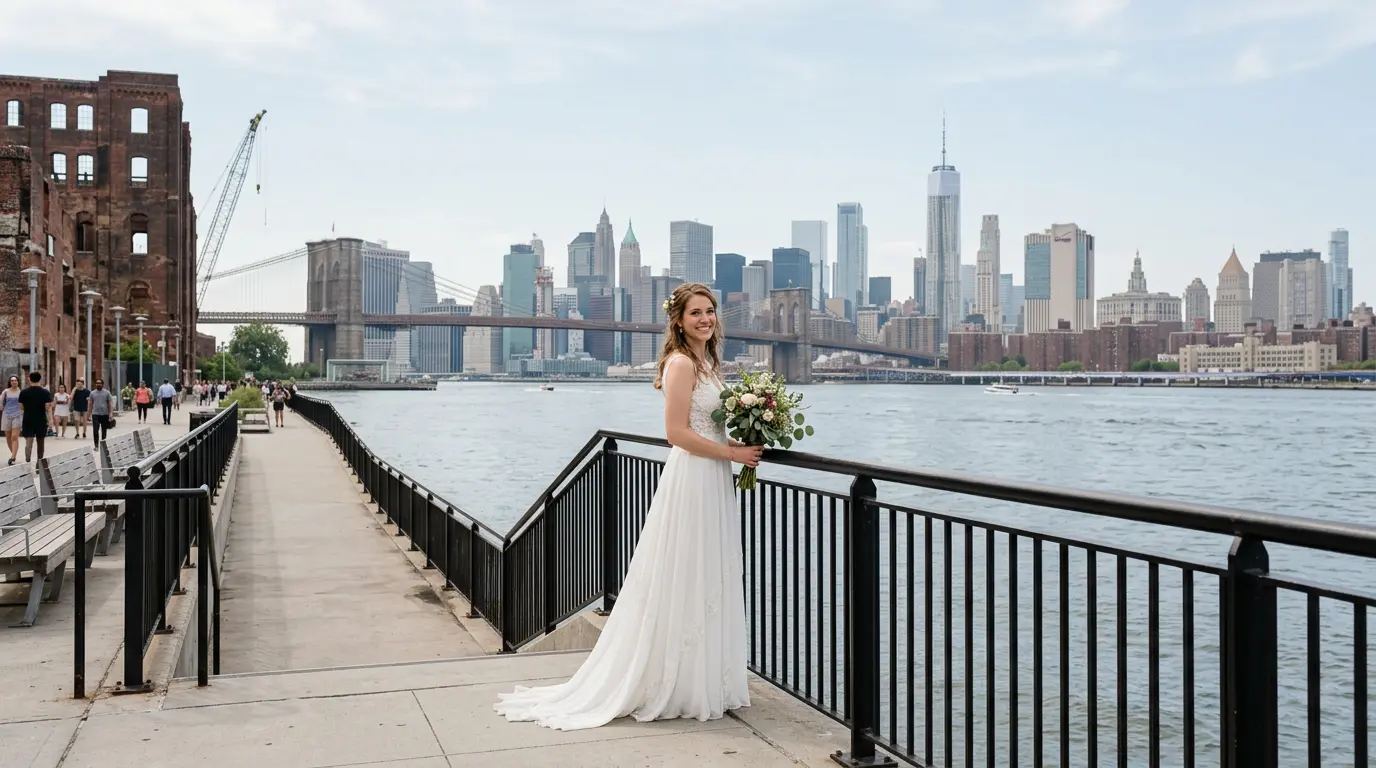 Bridal portrait at Domino Park waterfront in Williamsburg Brooklyn with East River and Manhattan skyline