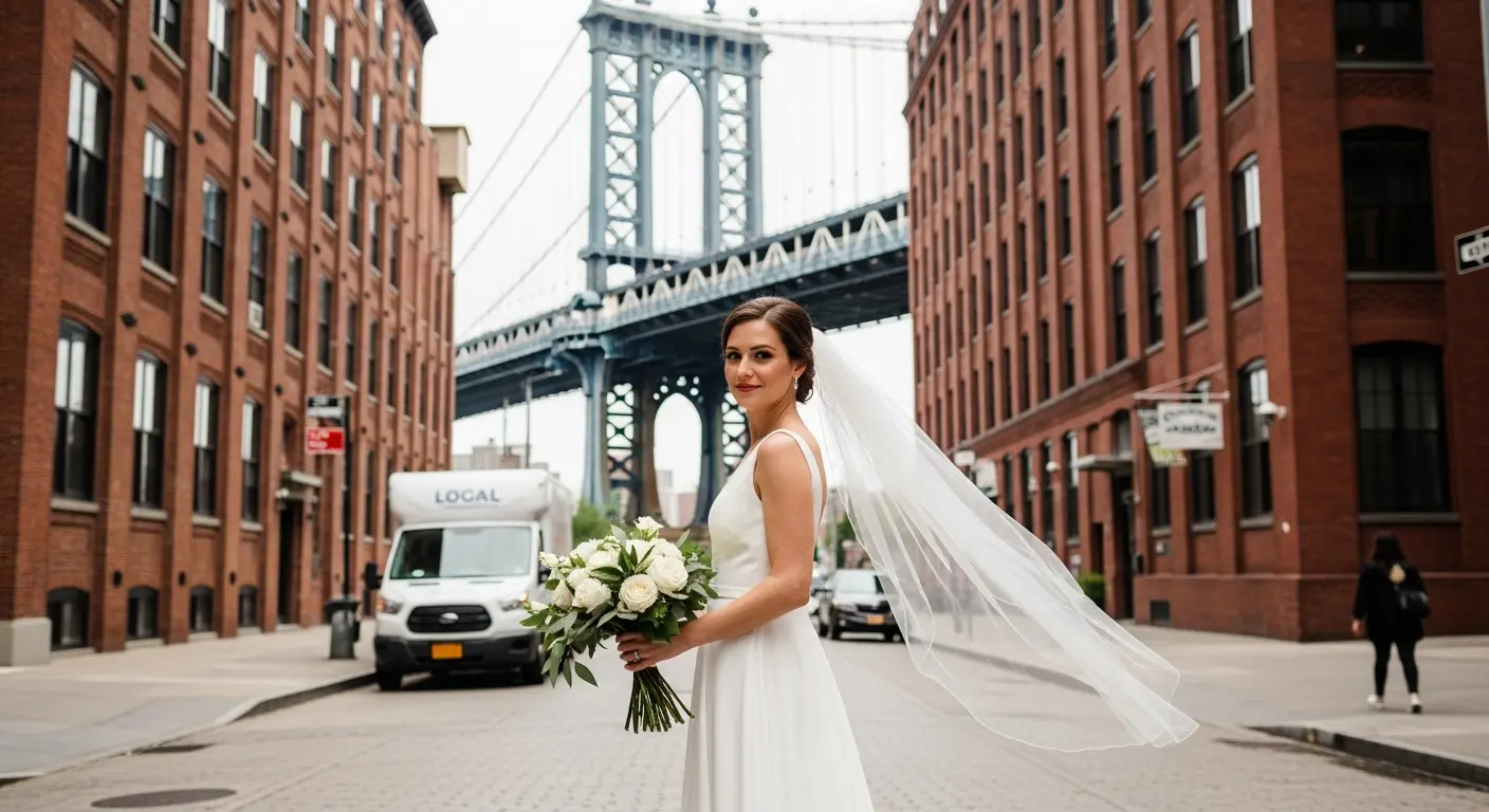 bridal photography Brooklyn DUMBO bride portrait on Washington Street with Manhattan Bridge visible
