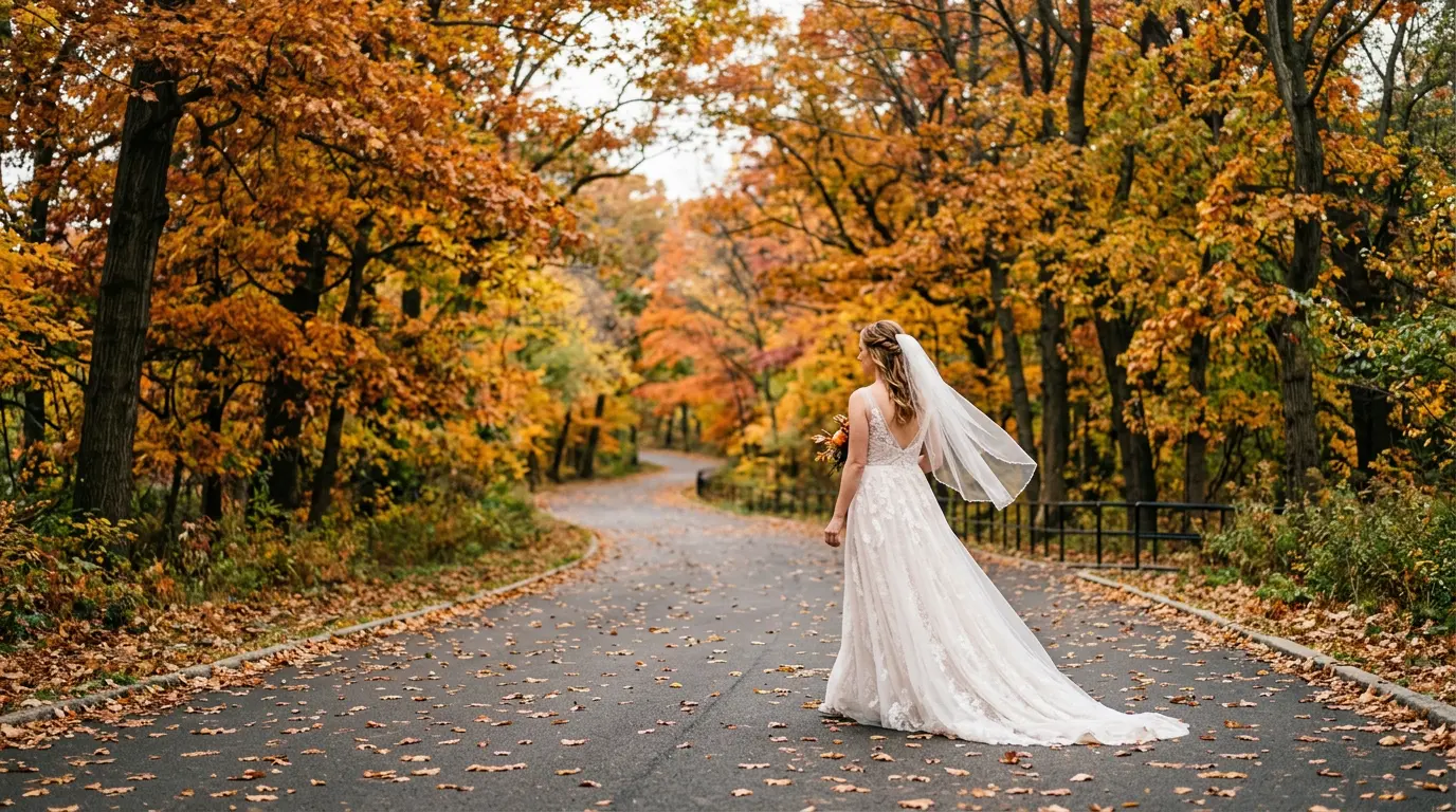 Bridal portrait on fall foliage path at Highland Park in East New York Brooklyn