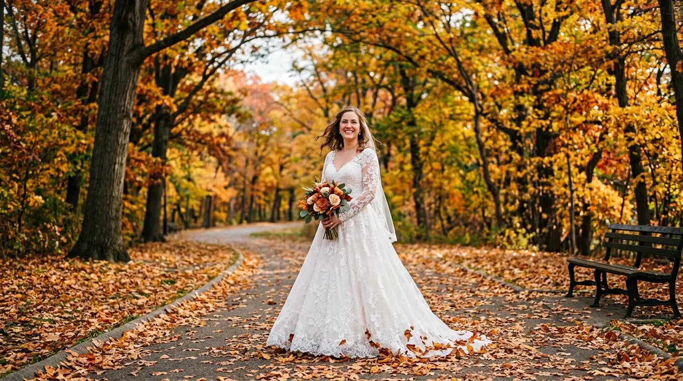 Trash-the-dress session on autumn park path in Bensonhurst Park Brooklyn with fall foliage