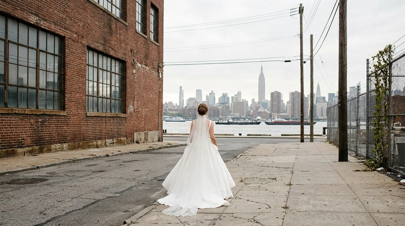 Trash-the-dress photoshoot on Greenpoint waterfront industrial street Brooklyn near East River