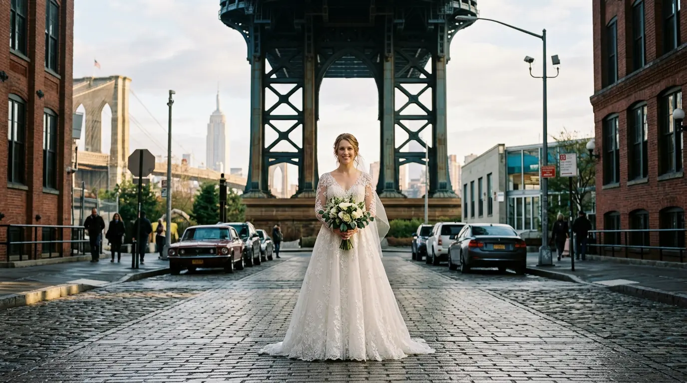 Trash-the-dress photography session at Washington Street under Manhattan Bridge in DUMBO Brooklyn