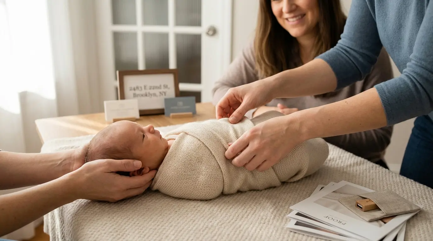 Baby photography Brooklyn photographer adjusting a swaddled newborn on a studio table with supporting hands visible