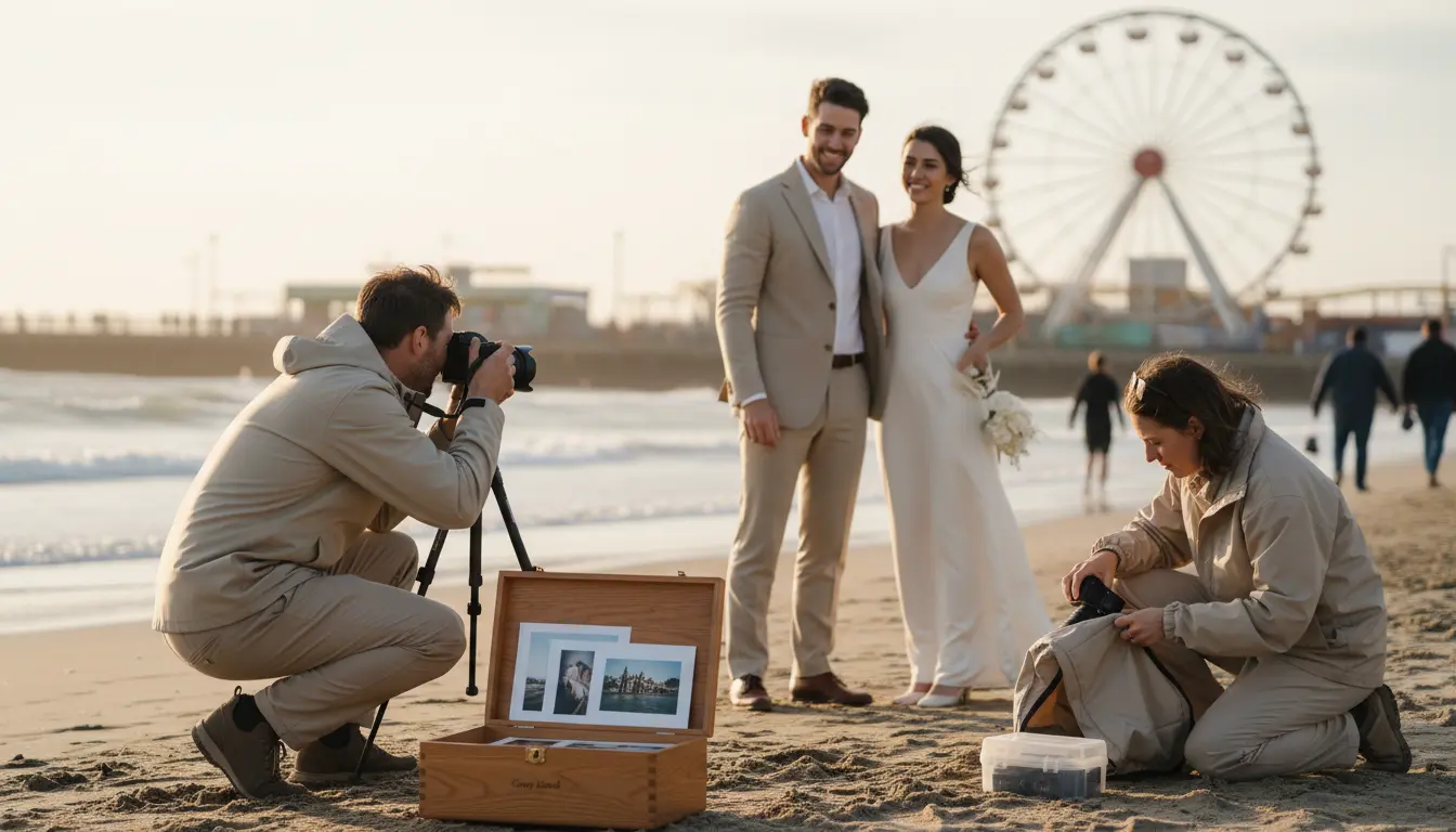 Beach wedding photography Brooklyn photographer shooting couple on shoreline with Wonder Wheel visible