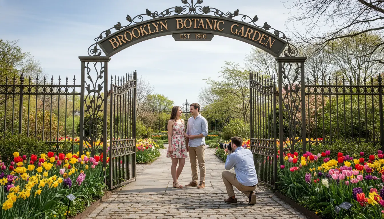 Pre-wedding photography at Brooklyn Botanic Garden showing couple near the garden entrance with photographer