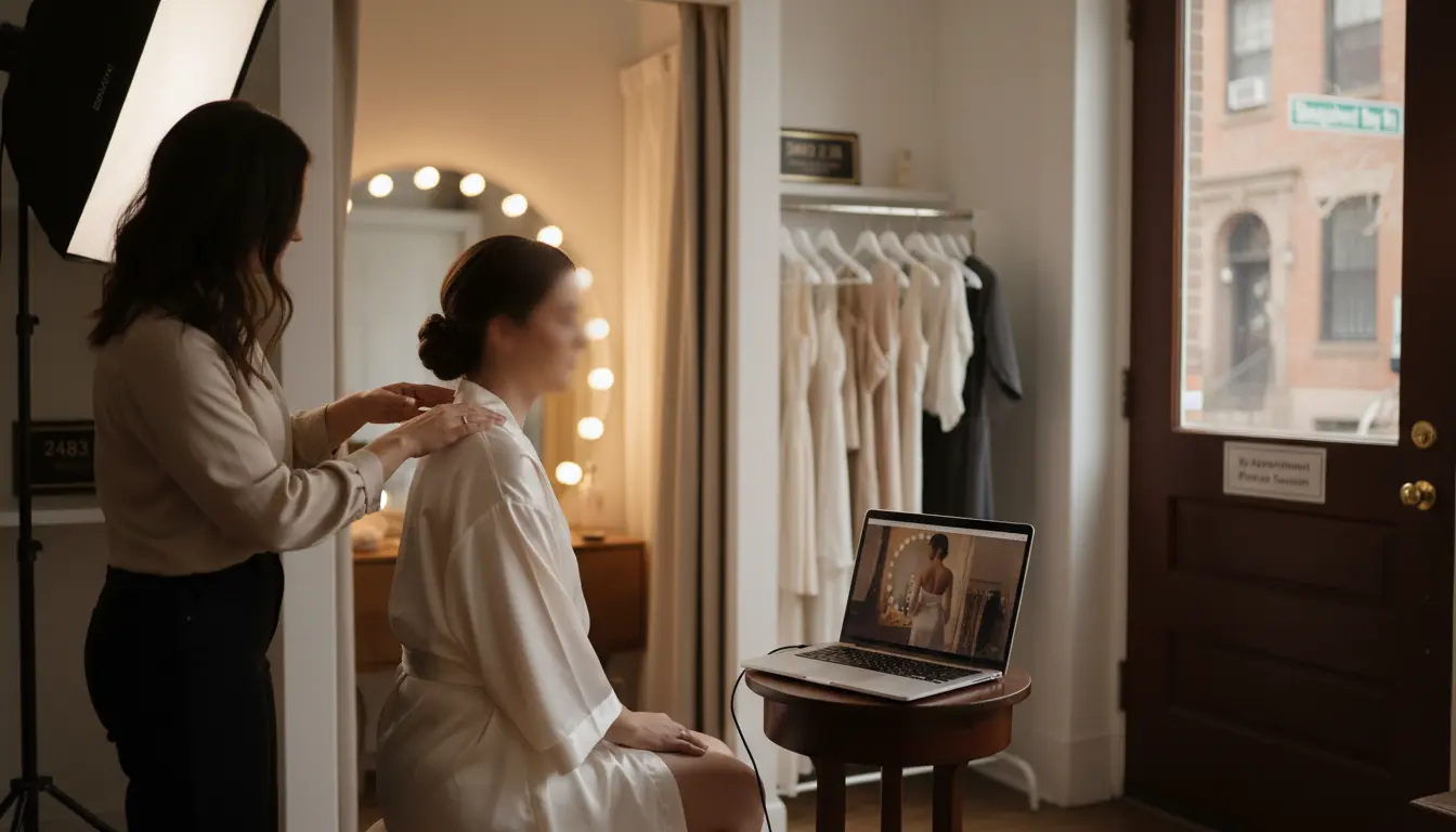 boudoir photography Brooklyn — photographer guiding client in private Sheepshead Bay studio with tethered laptop preview