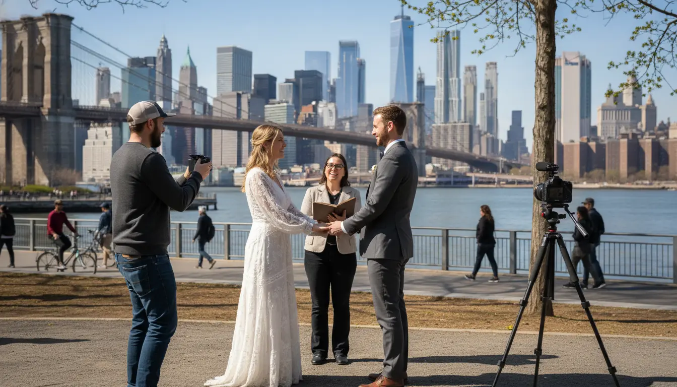 elopement videography Brooklyn videographer filming ceremony at Brooklyn Bridge Park