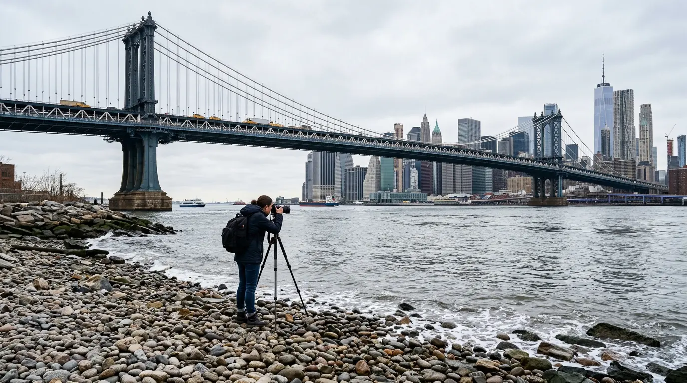 Wedding photographer with tripod positioned at Brooklyn Bridge Park pebble beach with the Manhattan Bridge and East River in the background