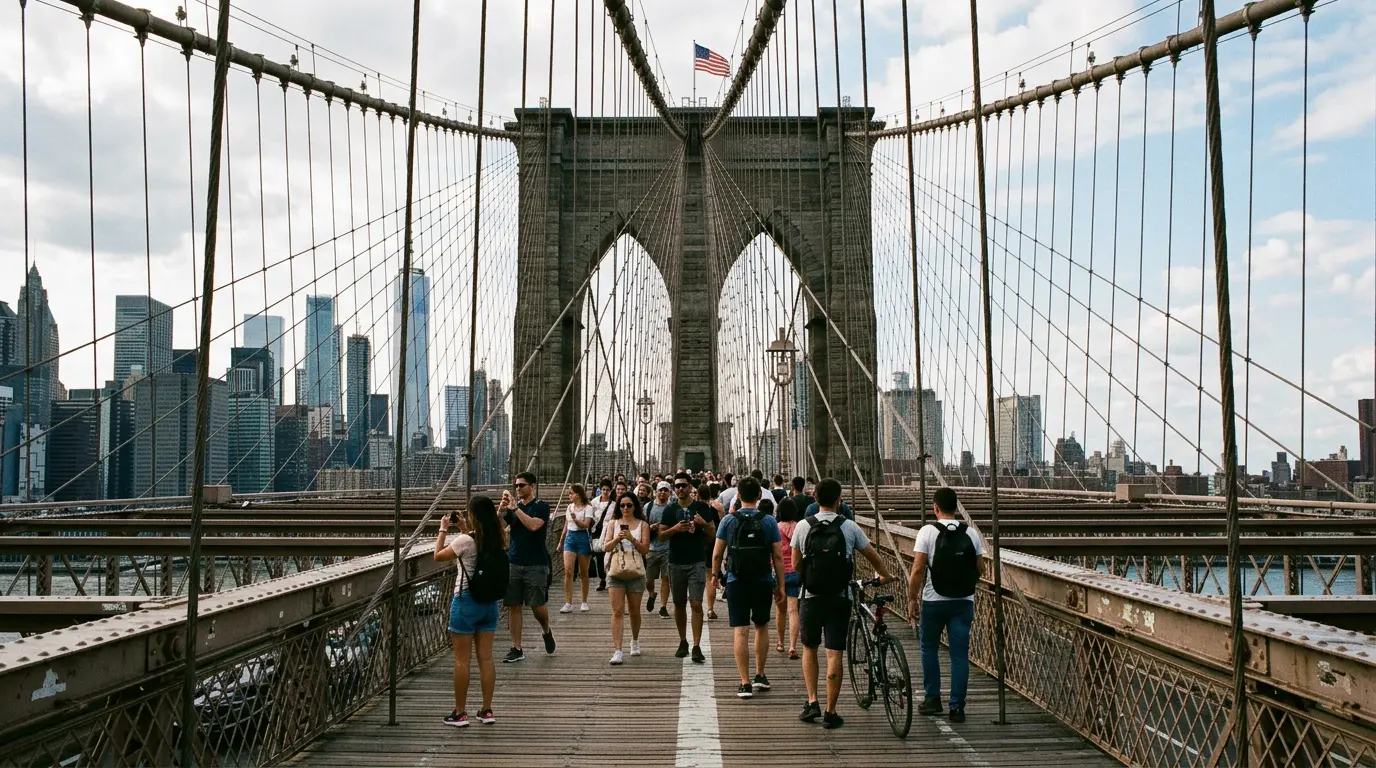 Brooklyn Bridge pedestrian walkway showing real crowd density and access conditions relevant to wedding and portrait photography sessions at the landmark
