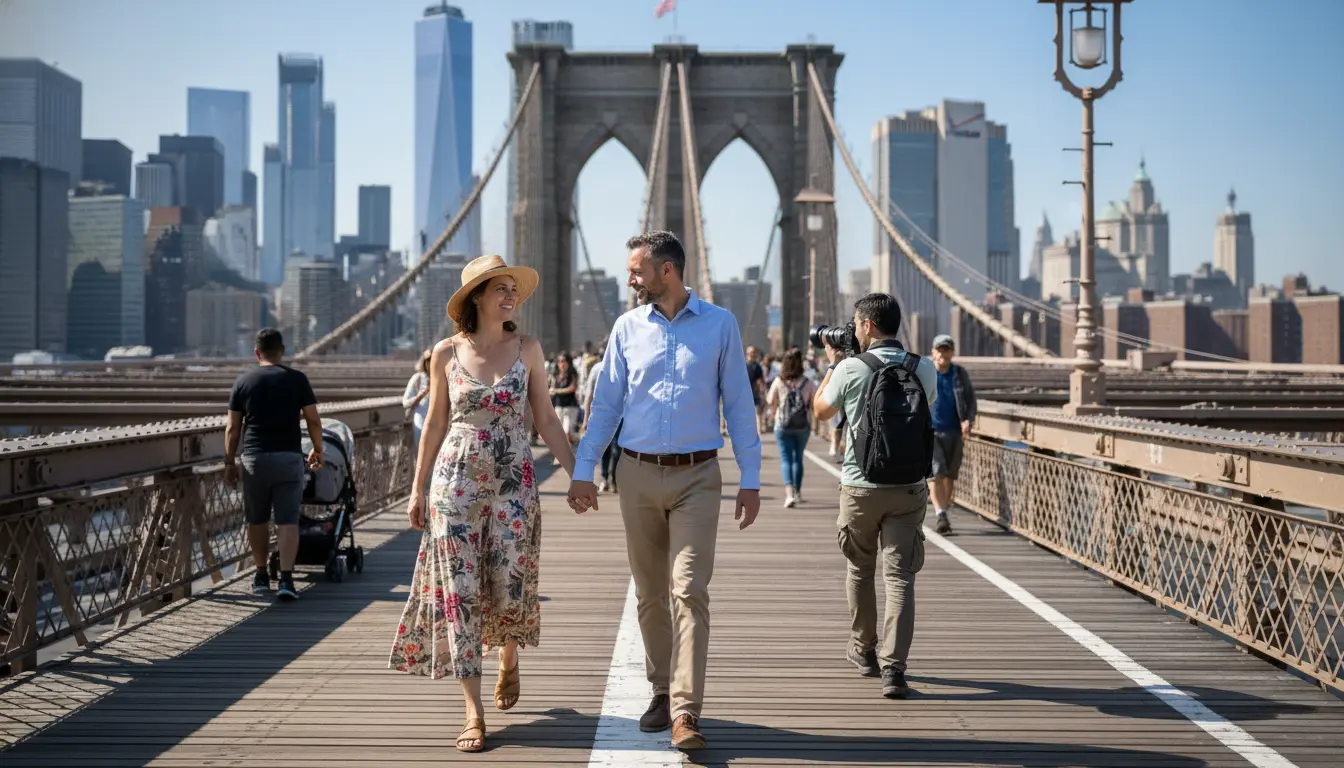 elopement photography Brooklyn couple walking on Brooklyn Bridge photographed by photographer