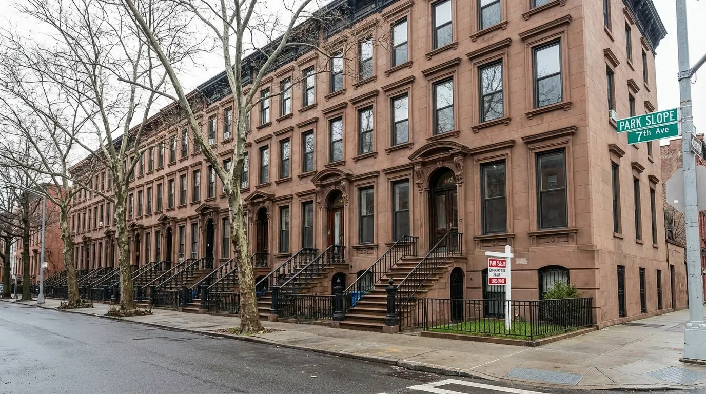 Real estate videography Brooklyn — exterior brownstone on Park Slope street with for-sale sign