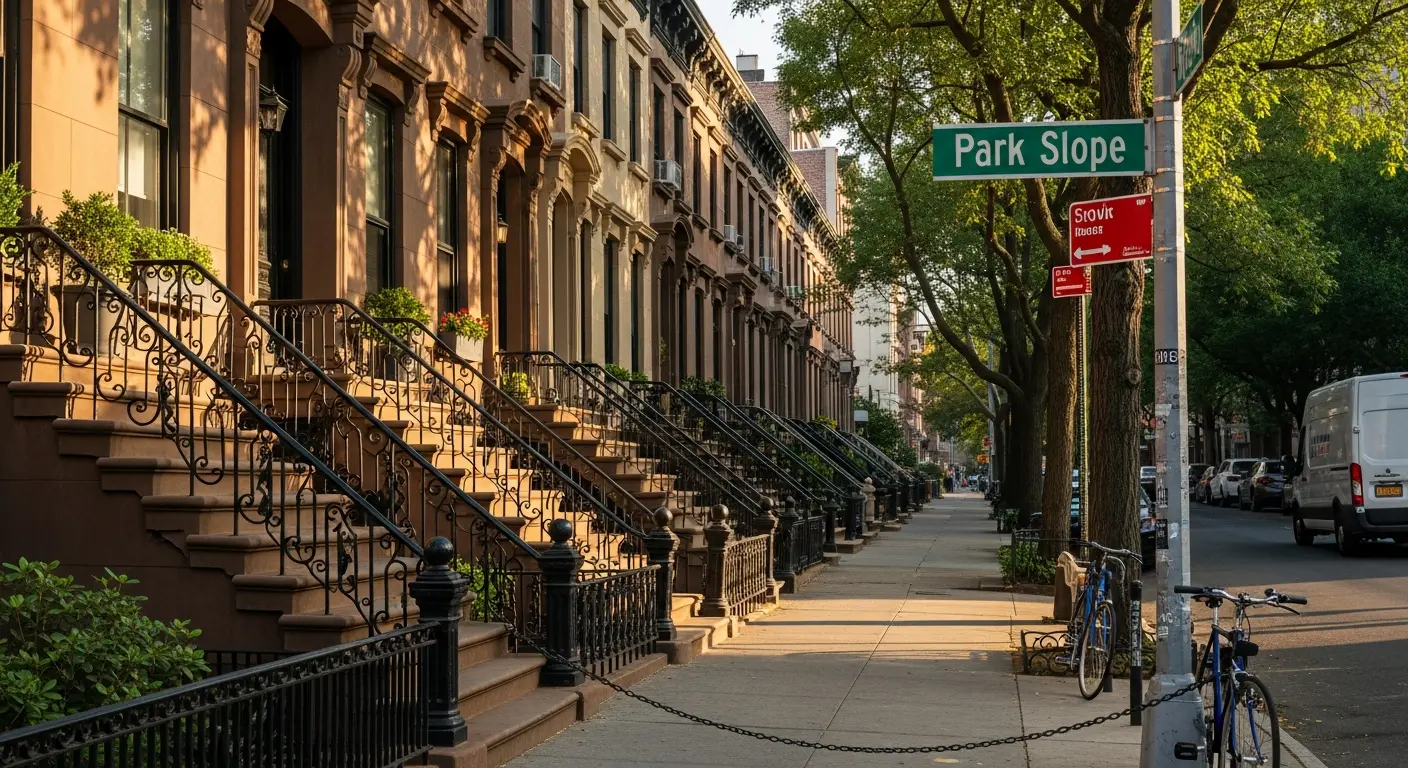 Real estate photography Brooklyn - brownstone street view with Park Slope sign and stoops