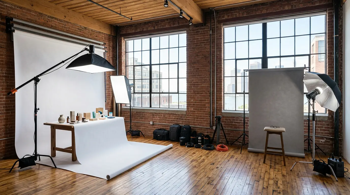 Brooklyn commercial photography studio showing product photography setup and corporate headshot backdrop in the same loft space
