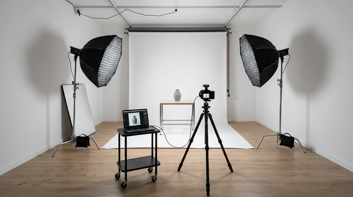 Brooklyn commercial photography studio with softbox lighting and backdrop for product photography sessions