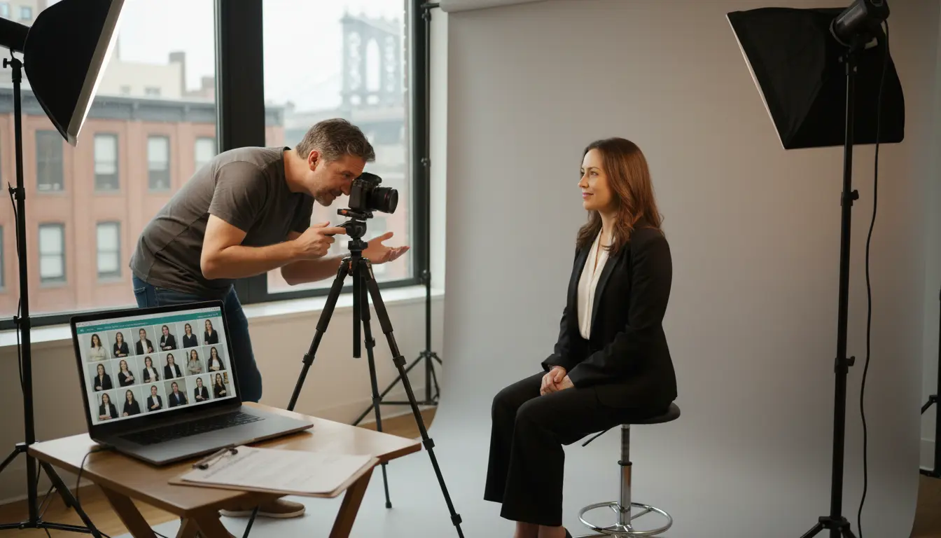 Corporate photography Brooklyn on-site headshot session with photographer directing subject and tethered laptop showing proof gallery