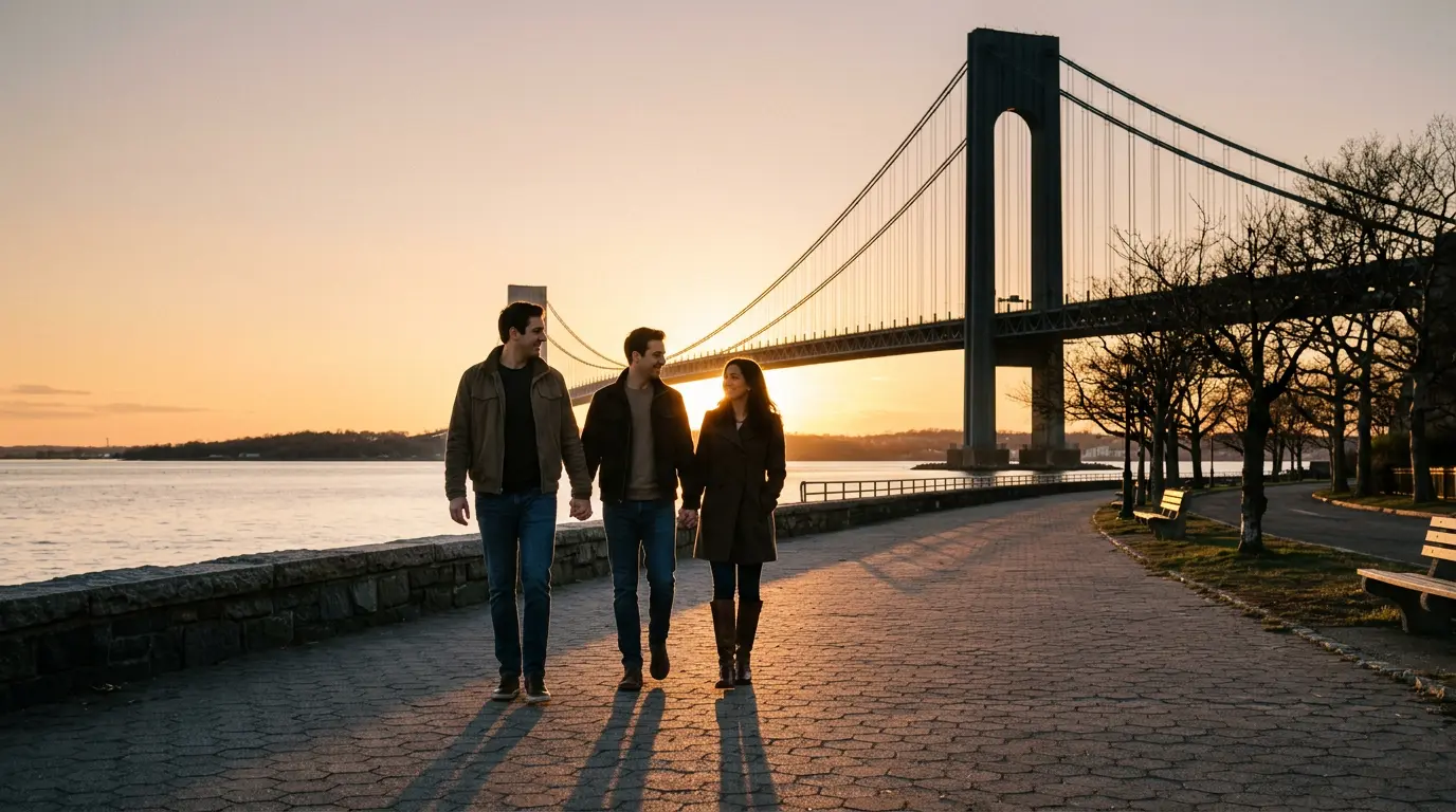 Couples photography session on Bay Ridge waterfront promenade Brooklyn NY with Verrazzano-Narrows Bridge at golden hour