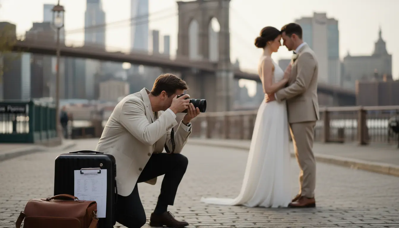 Destination wedding photography Brooklyn — photographer photographing couple on Brooklyn Bridge with gear bag and printed itinerary visible