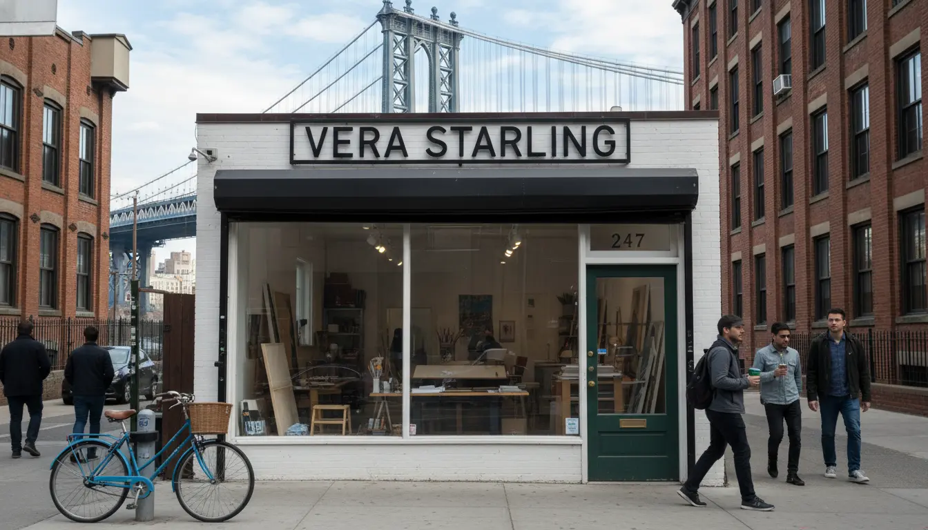 event videography in Brooklyn storefront with Manhattan Bridge visible and studio sign