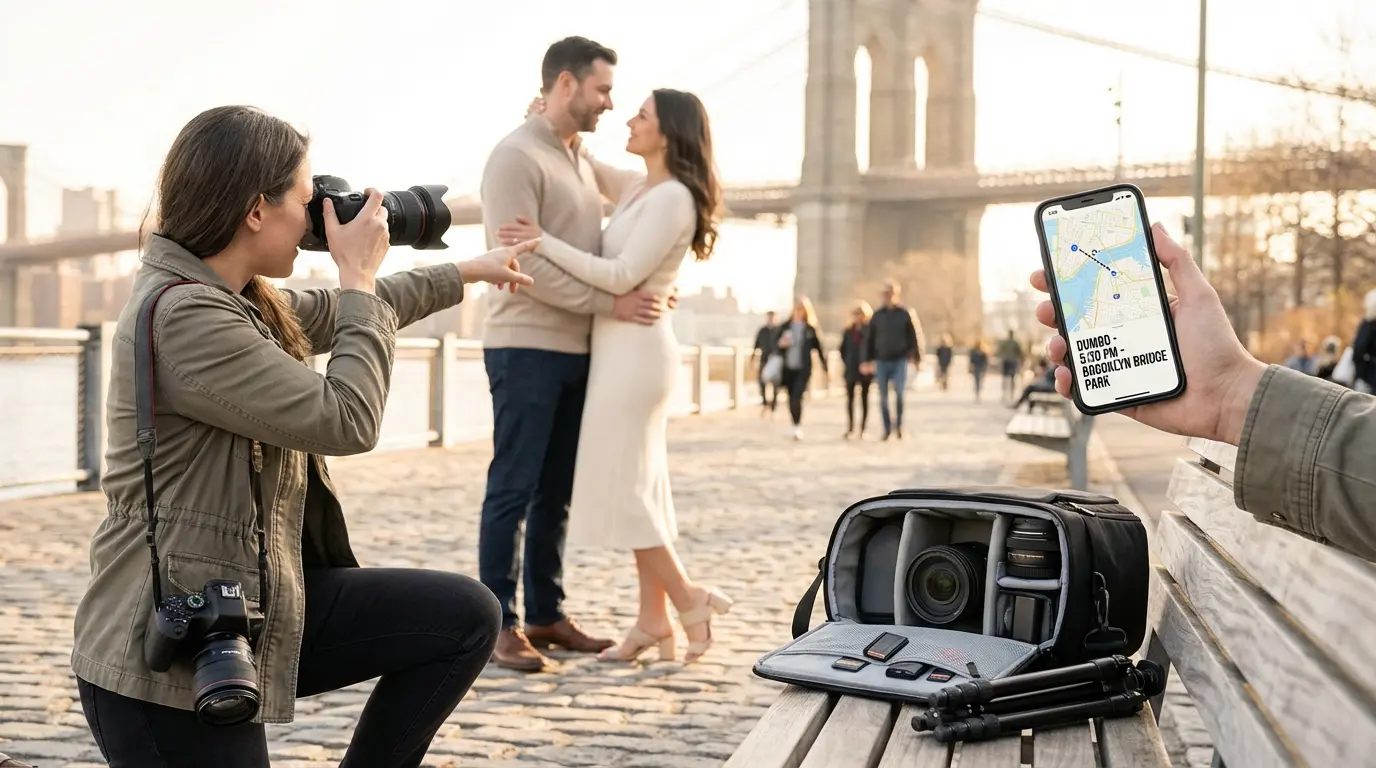 Elopement photography Brooklyn photographer photographing couple in DUMBO with Brooklyn Bridge, camera kit and printed timeline visible