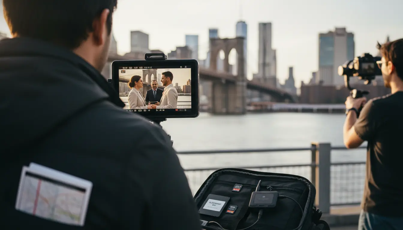 Elopement videography Brooklyn: videographer filming couple at DUMBO waterfront with camera monitor and lavalier mic visible