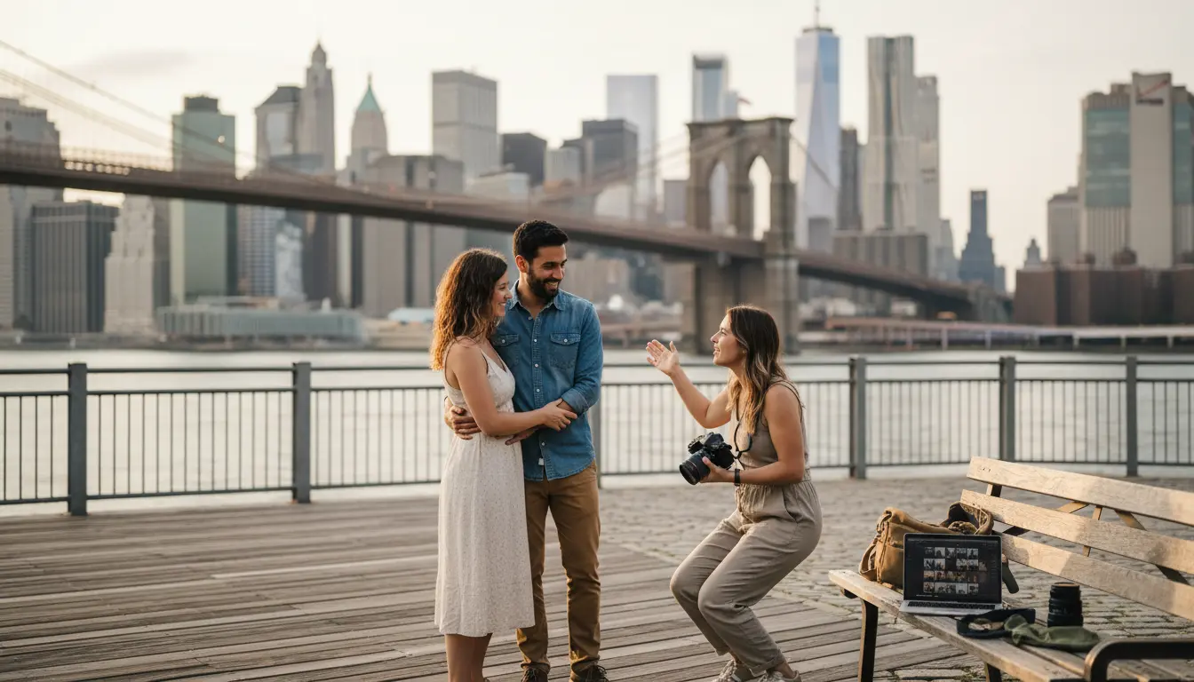 engagement session Brooklyn couple posing on waterfront with Brooklyn Bridge visible