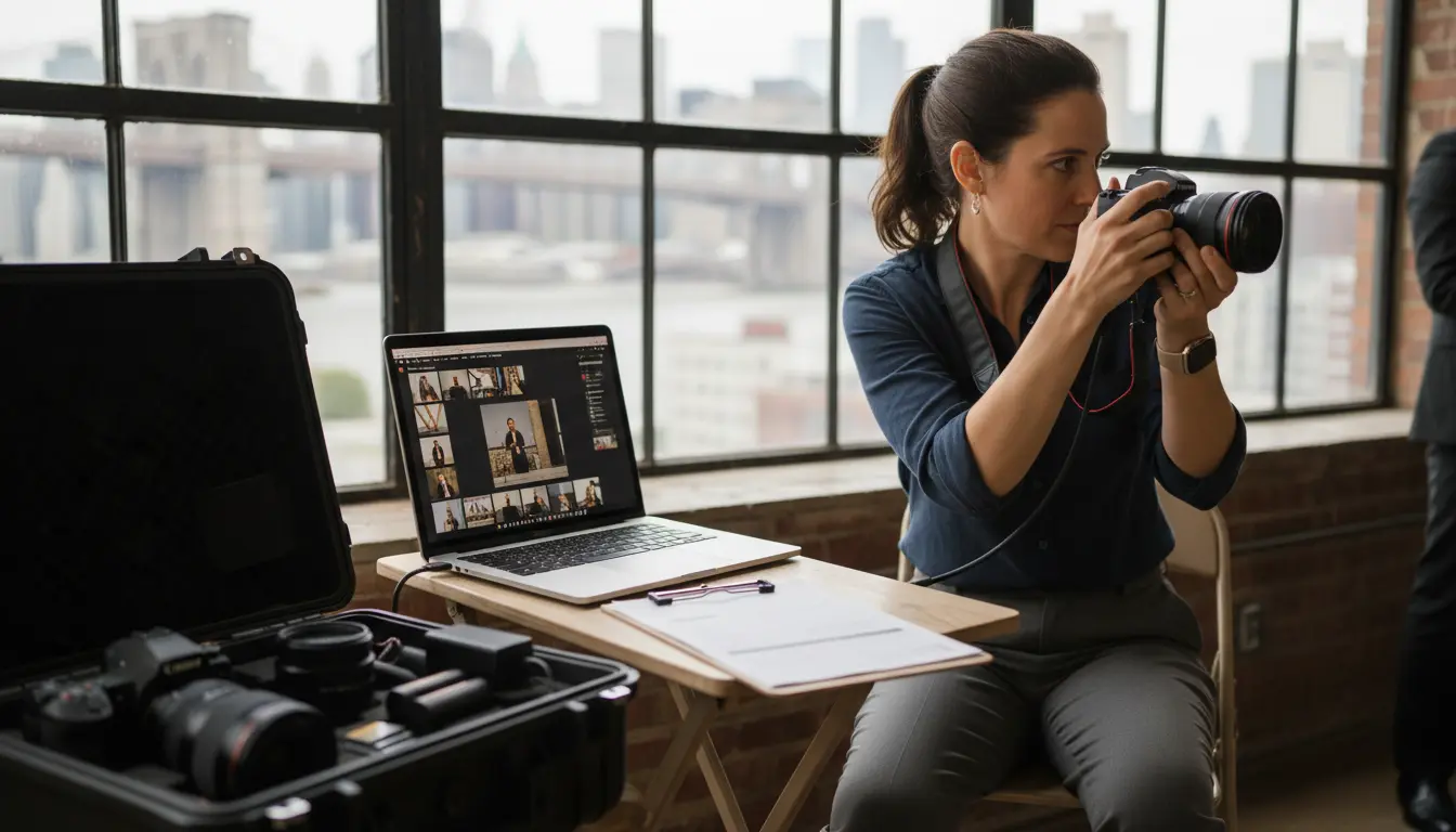 Event photographer in Brooklyn photographing a speaker with tethered laptop showing gallery
