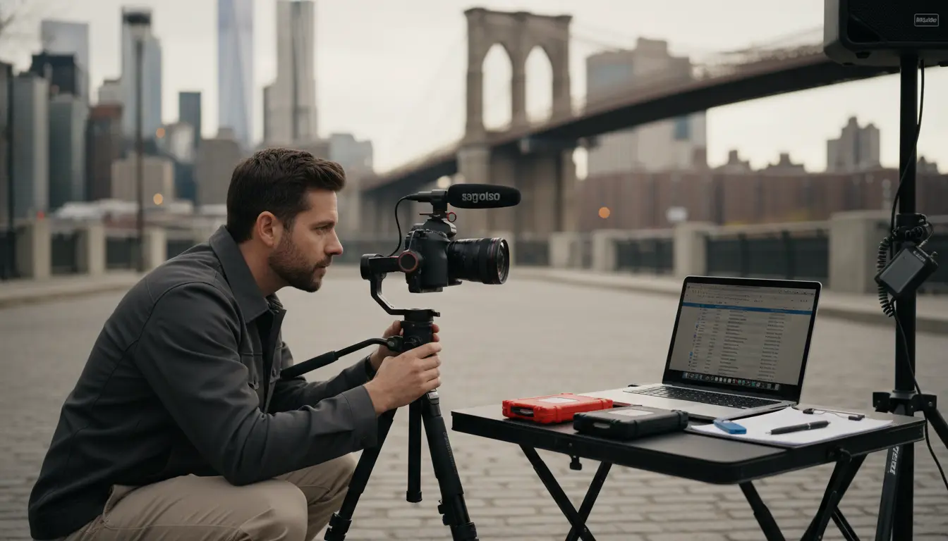 Event videography Brooklyn — videographer setting up camera on tripod on DUMBO cobblestone street near Manhattan Bridge with SSDs on a nearby table