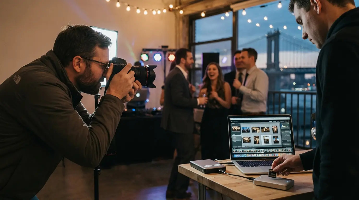Event photography in Brooklyn — photographer photographing guests dancing with backup drives visible