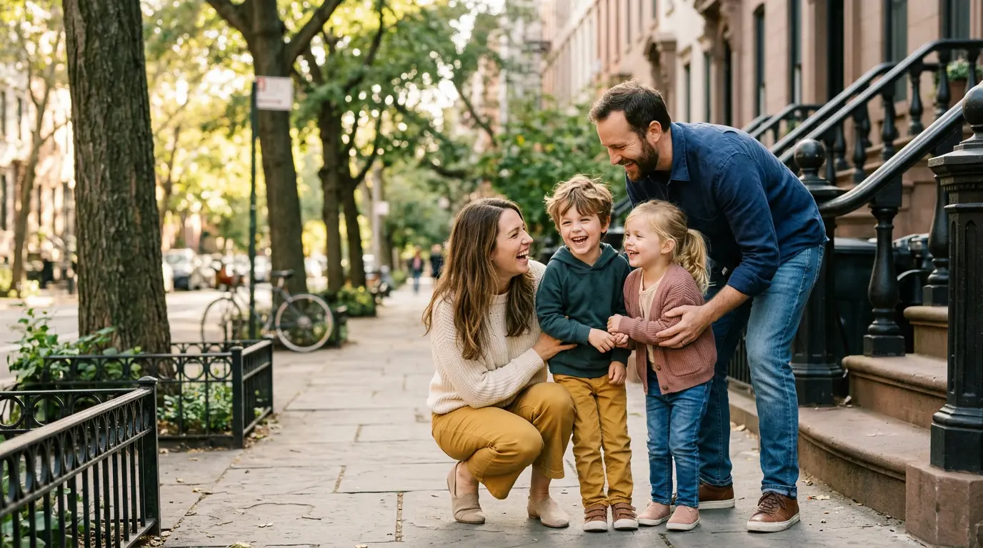 Family of four laughing together on a tree-lined Brooklyn sidewalk during an outdoor portrait session with warm golden-hour light