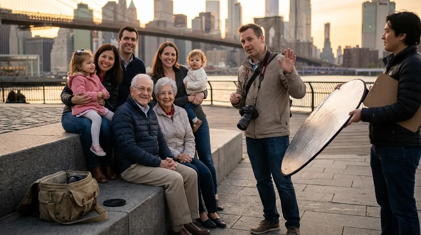 Family and group photography Brooklyn posed multi-generation family on promenade with photographer directing