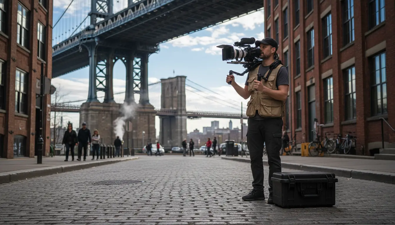 Event videography in Brooklyn - videographer on cobblestone street in DUMBO near Manhattan Bridge