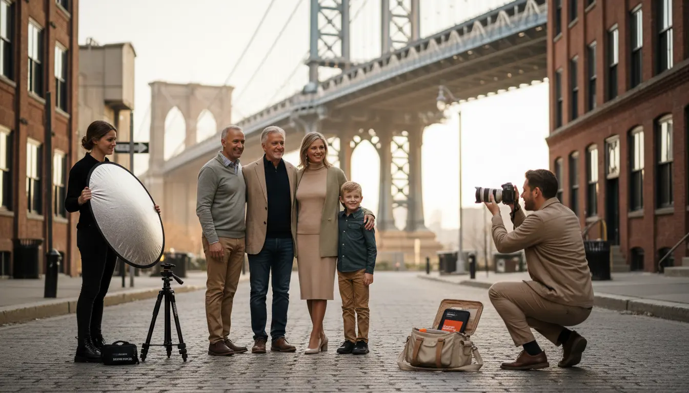Group photography Brooklyn — photographer directing posed family on Washington Street with Manhattan Bridge and assistant holding reflector