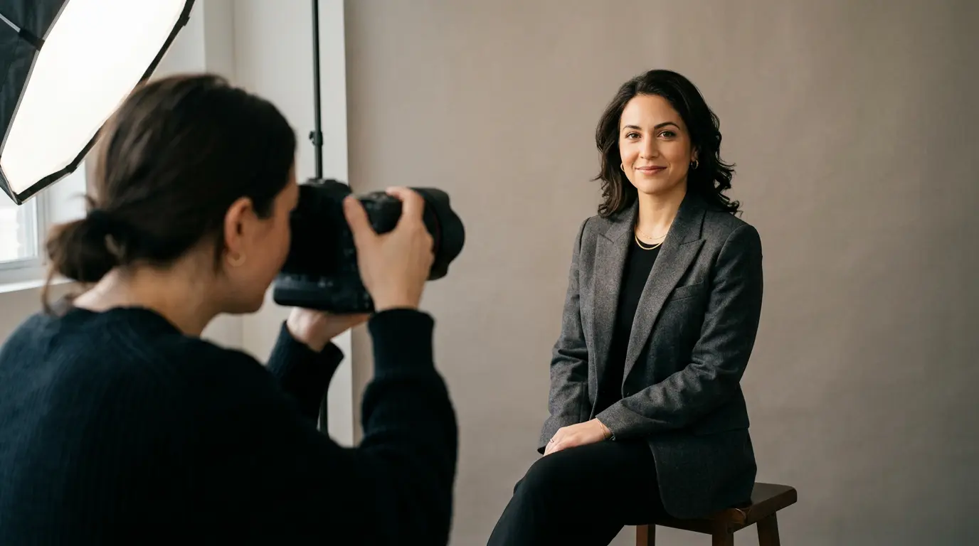 Professional headshot session in Brooklyn studio with soft lighting and neutral backdrop