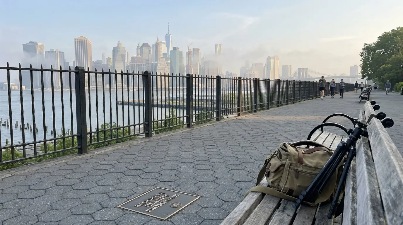 proposal photography Brooklyn Brooklyn Heights Promenade railing skyline camera bag on bench
