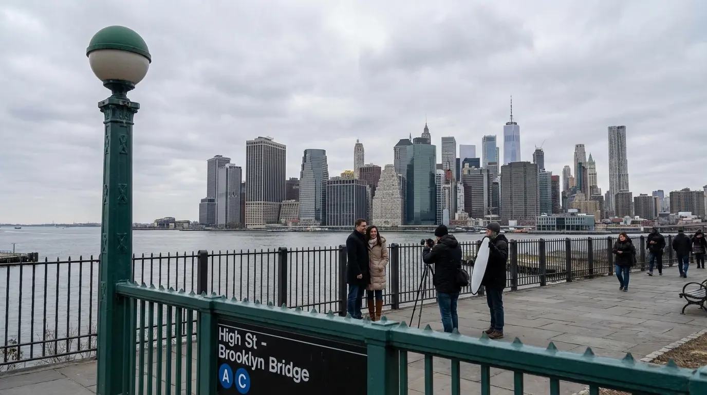 Trash-the-dress photography in Brooklyn Heights showing couple on promenade with Manhattan skyline