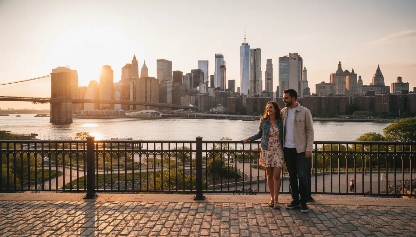 Pre-wedding photoshoot in Brooklyn showing couple on Brooklyn Heights Promenade with Manhattan skyline