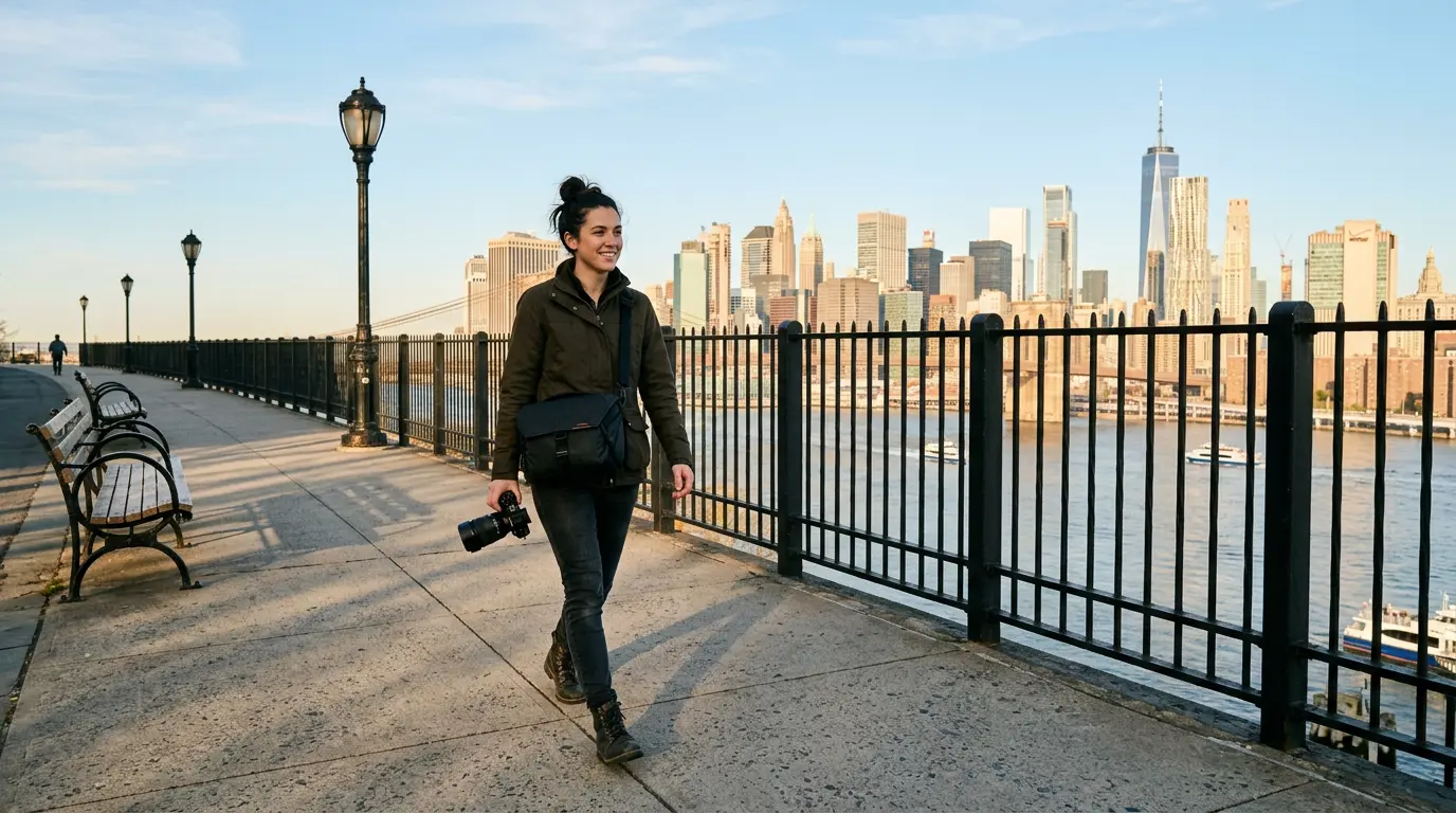 Wedding photographer walking Brooklyn Heights Promenade serving NYC and rural destination couples