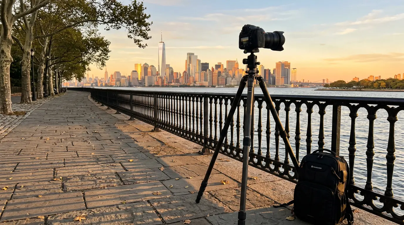Wedding photography camera setup at Brooklyn Heights Promenade overlooking Manhattan skyline