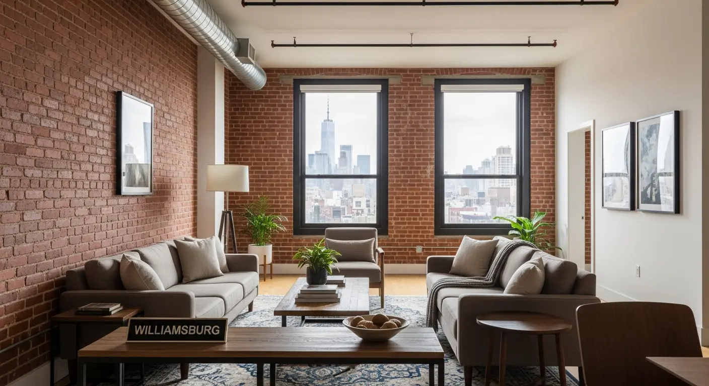 Real estate photography Brooklyn - loft living room with skyline view and Williamsburg plaque