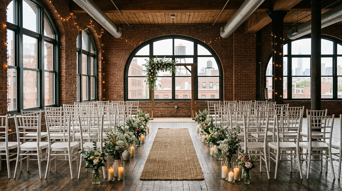 Brooklyn loft wedding venue interior with arched windows and white ceremony chairs showing the indoor environment for bridal photography and elopement services by Vera Starling
