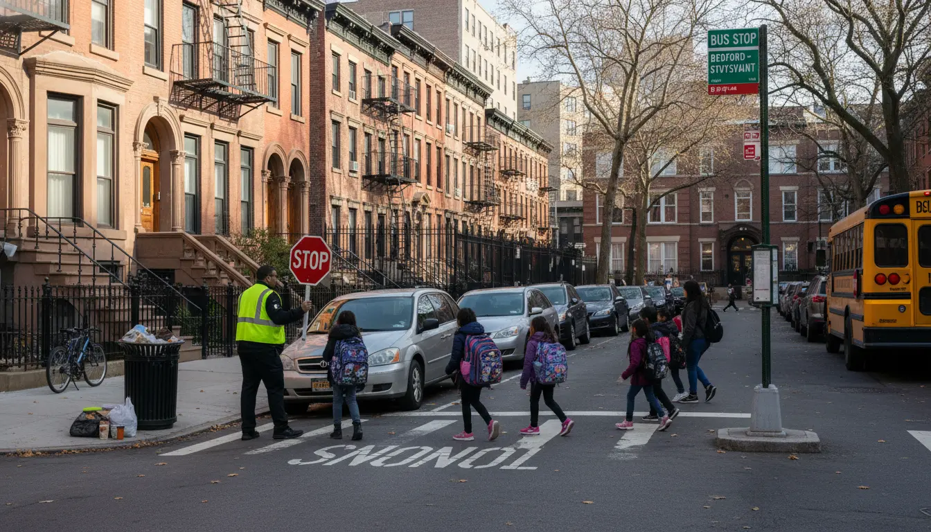 School portraits Brooklyn showing neighborhood street and school drop-off area
