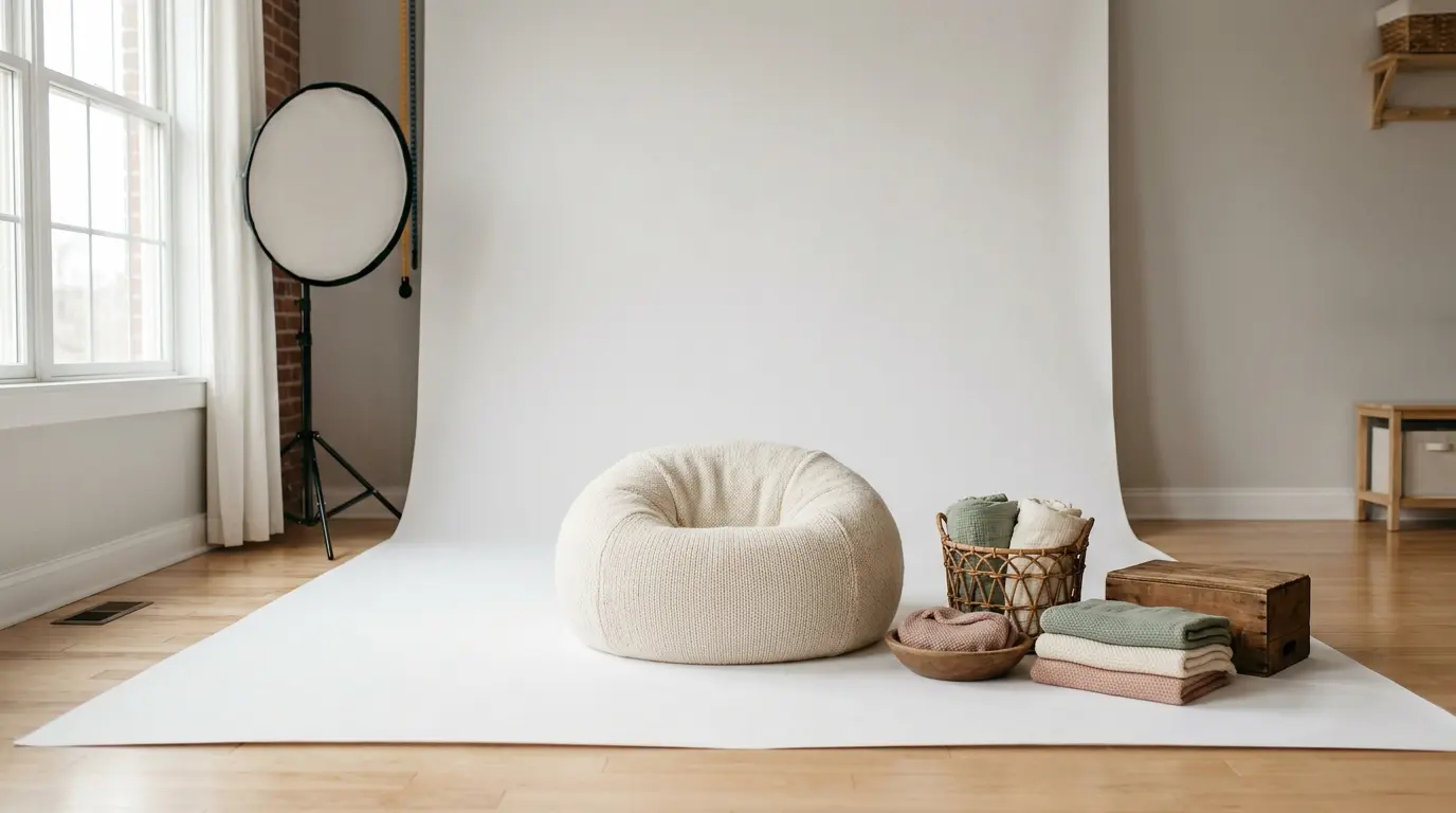 baby photography studio setup Brooklyn NY with newborn props and soft diffused lighting