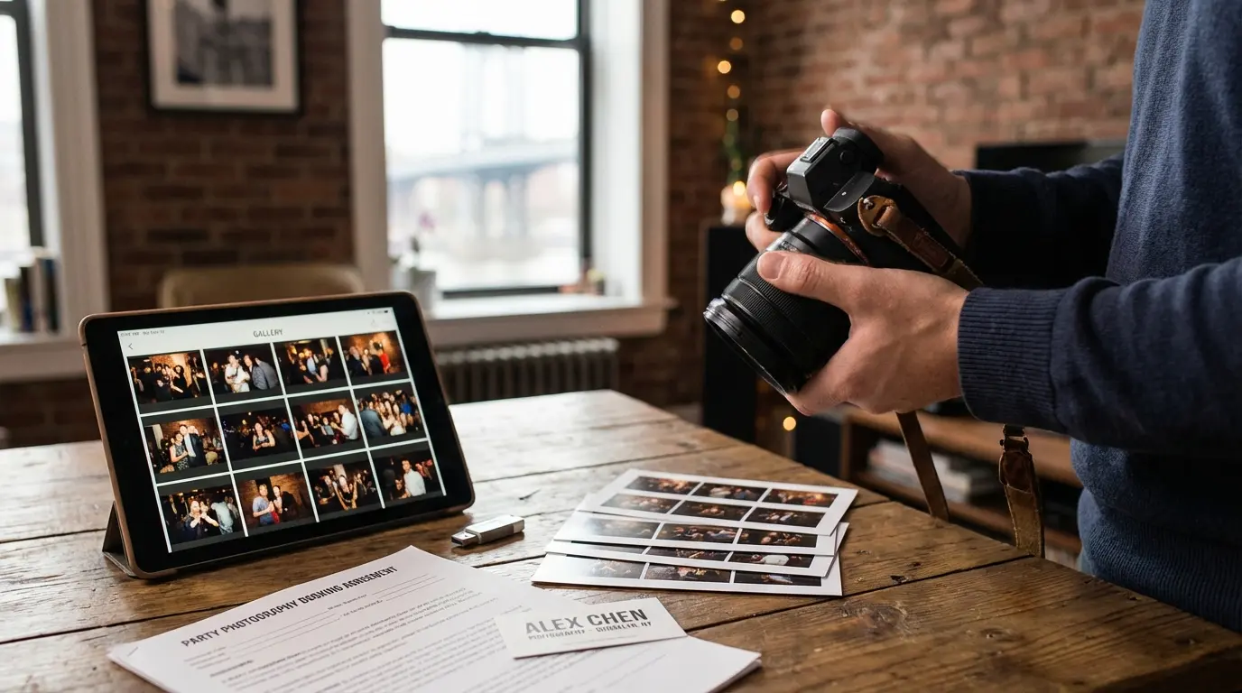 Party photography Brooklyn photographer adjusting camera at brownstone entrance with tablet gallery thumbnails and USB visible