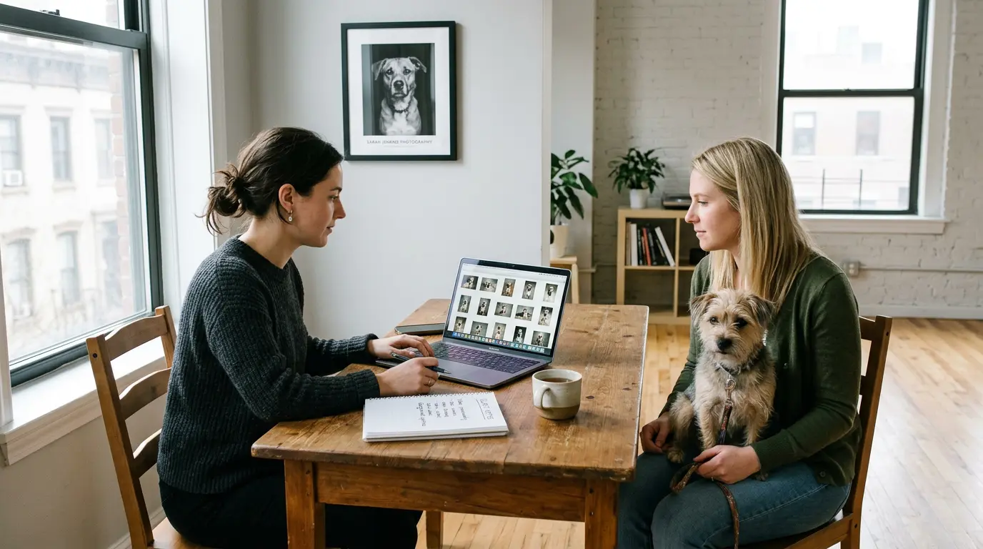 Brooklyn pet photographer pre-session consultation with client and dog
